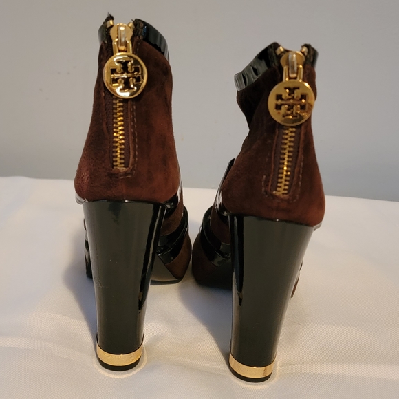 Tory Burch Lucille Brown Leather Peep Toe Logo Ankle US 9M - Picture 5 of 14
